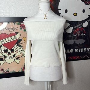 White Ribbed Off the Shoulder Long Sleeve Top